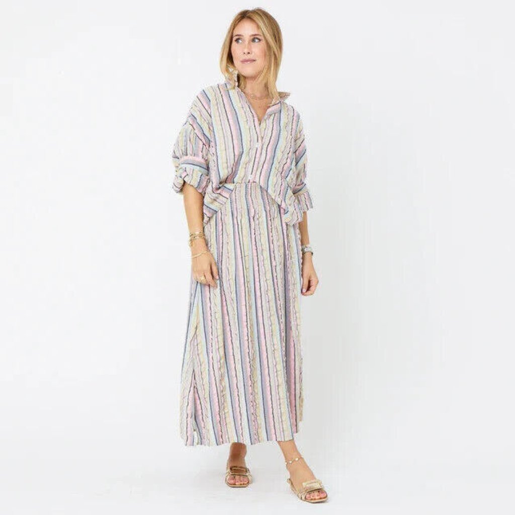 Kerri Rosenthal Martin Stripe Midi Skirt Smocked Cotton Summer Pull-On M 270441